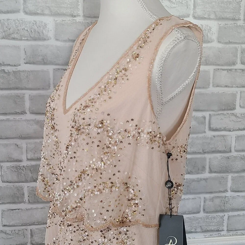 Adrianna Papell NWT Blush Beaded Art Deco Mesh V-Neck Cocktail Midi Dress 12